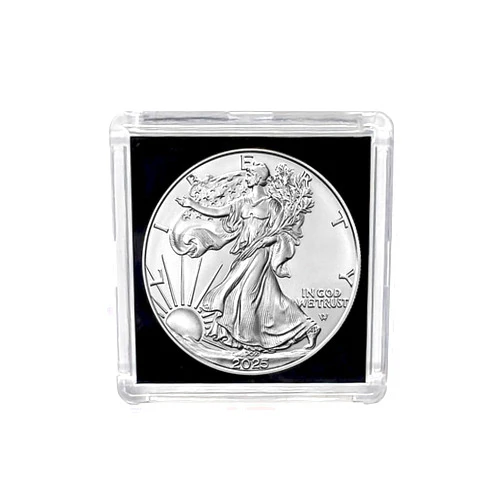 2025 - American Silver Eagle .999 Fine Silver with Black Background Snap Tight Square Holder - Smyrnacoin - Dollar Uncirculated US Mint