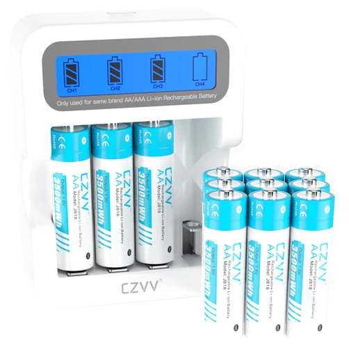Czvv AA Rechargeable 1.5V Batteries with White LCD Fast-Charger (Pack of 12)