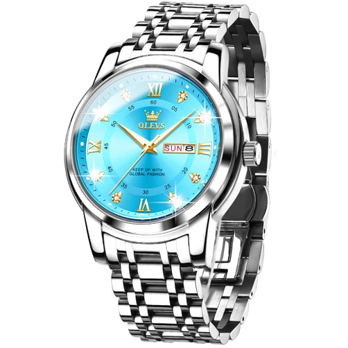 OLEVS Men Watch Blue Gold Analog Quartz Stainless Steel Waterproof Luminous Date Luxury Casual Watch