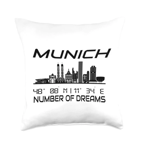 GPS Coodinates and Skyline of your Dream City Skyline Munich Coordinates GPS Silhouette Holiday Bavaria Throw Pillow, 18x18, Multicolor