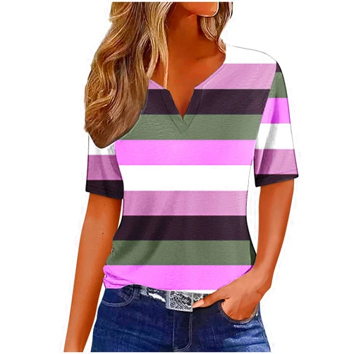 TUNUSKAT Womens Summer Tops Fashion Gradient Print V Neck Blouses Short Sleeve Basic Henley Shirts Oversized Loose Pullover