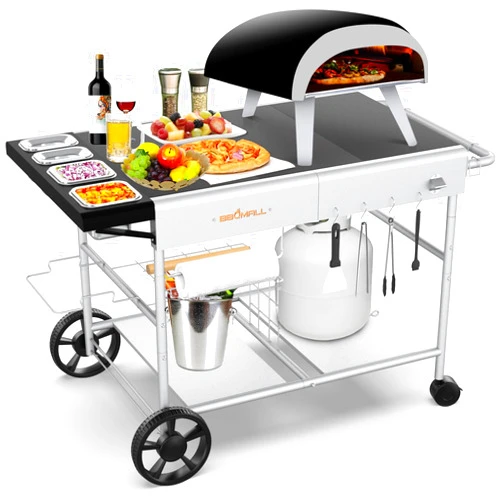 BBQMall Pizza Oven Table Grill Cart for Ooni Koda/Karu/Fyra 16& 12 with Pizza Topping Station Movable Food and Prep Workcart Outdoor Grill Table Stand for Ninja Woodfire Blackstone Griddle Cuisinart etc Grill
