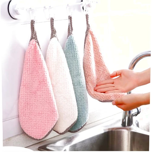 ASEANAO 4 Pcs Small Towels with Hanging LoopԺåHand Dry Towels for Kitchen & Bathroom, Super Absorbent Soft Small Hanging Towel Set with Hanging Loop (4 Colors)
