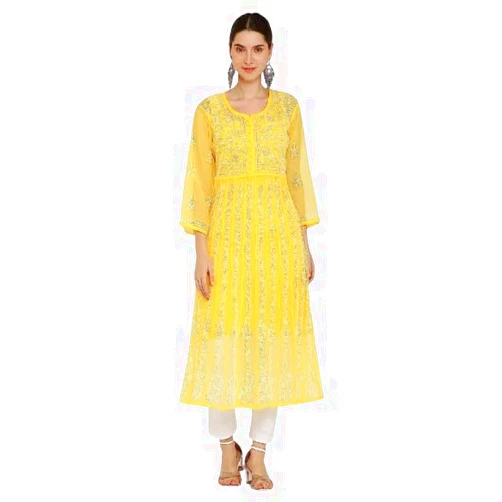 CLASSICSHUB Indian Hand Embroidery Chikankari Cotton Anarkali Kurti with Pant Set Casual and Traditional Wear Kurta for Women (Yellow-Medium)