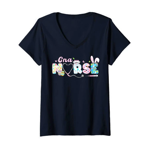Happy Easter Day Easter Nurses Week Nurse Life CNA Nurse Easter Bunny Easter Egg Stethoscope Nurse Easter V-Neck T-Shirt