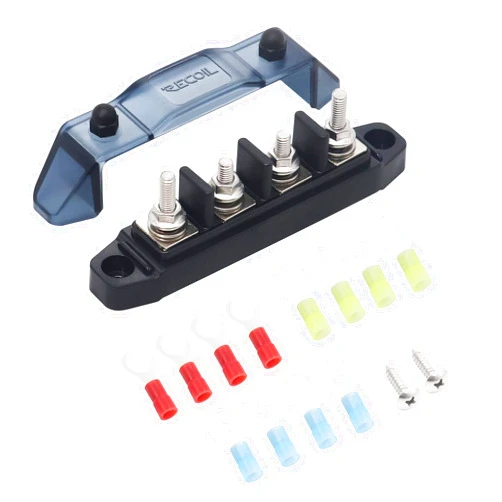 Recoil BBSPG4 Discrete 4 Position Barrier Strip Bus Bar 4 x M5 Studs Terminals Power Distribution Block Busbar with Ring Terminals