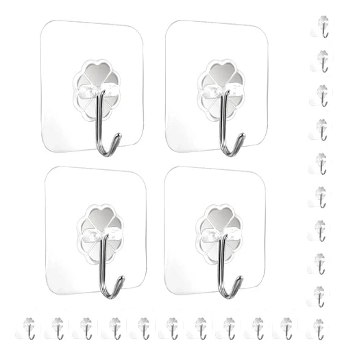 Parts Express Adhesive Hooks - 24 Pack Heavy Duty 13.2lb (Max), Nail Free Sticky Hangers with Stainless Hooks, Reusable, Clear, Utility Kitchen Wall Hooks, Towel Hanger, Ceiling Hooks…