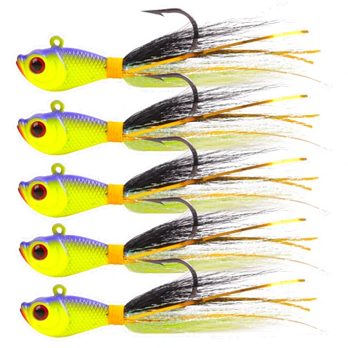 FUSIGO Bucktail Jigs Saltwater Hair Jig Lures, 5pcs Bucktail Jigs Fishing Lures Surf Fishing Jig Head Swimbait Jig Hook for Bass Flounder Striper 1/4oz 1/2oz 1oz 1.5oz