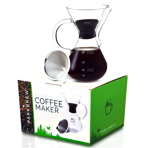 ParkBrew Coffee Co. ParkBrew Pour Over Coffee Maker - set includes glass pourover carafe (up to 27 fl. oz.), heat retaining lid, and reusable coffee filter or dripper