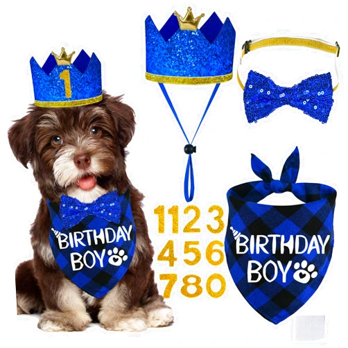 STMK Dog Birthday Party Supplies, Multi Size Dog Birthday Hat with Numbers Dog Birthday Boy Bandana Bow Tie for Small Dogs Pets (Blue, Small)