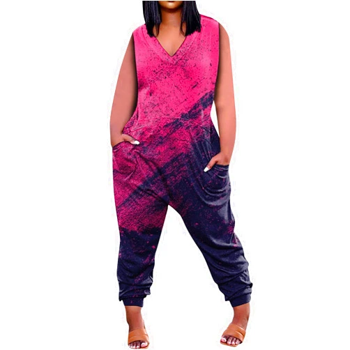 Yesunpxs Oversized Jumpsuits for Women V Neck Sleeveless Wide Leg Knee Pockets Rompers Independence Day Graphic Overalls