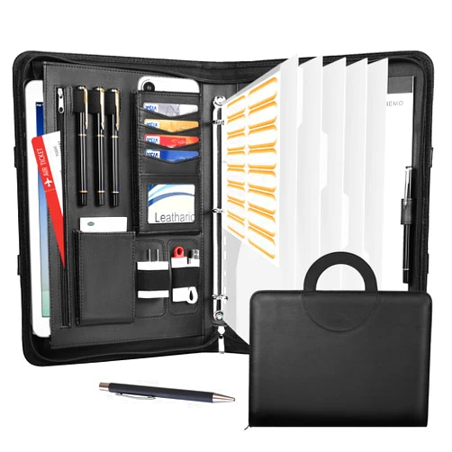 Leathario Portfolio Binder, Includes 5 Folder Index Dividers, 13 Inch Tablets Organizer with Handle, Vegan Leather A4 Padfolio, Multi-Pocket Notepad Business Planner Professional Document