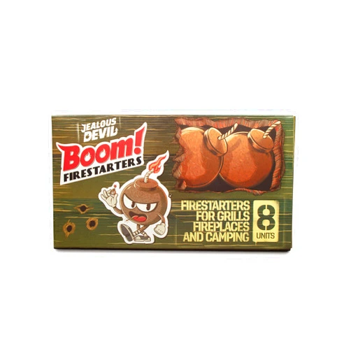 Jealous Devil Boom! Firestarters 8 Pack, 100% Natural Made from Coconut Fiber, No Smoke and Odorless, Waterproof, 20-Minute Long Burn for BBQ Lump Charcoal, Briquettes, Fireplace, Camping and More