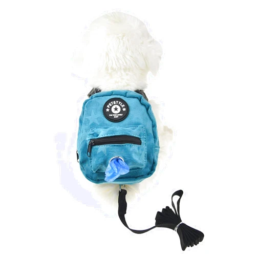 FLAdorepet Dog Backpack Harness with Leash, Dog Poop Bag Dispenser, Pet Self Carrier Adjustable Travel Hiking Walking Harness Backpack for Small Medium Dogs (L(Fit:10-15lb), Blue)