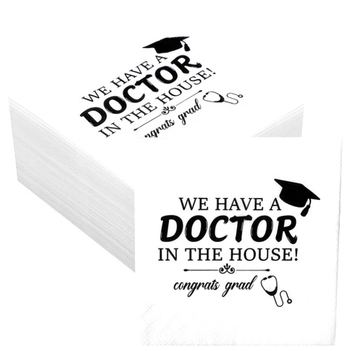 Jetec We Have a Doctor at Home Napkins 100 White and Black Doctor Graduation Cocktail Napkins, Class of 2025 Medical School Graduation Party Supplies Decorations Doctor Graduation Napkins