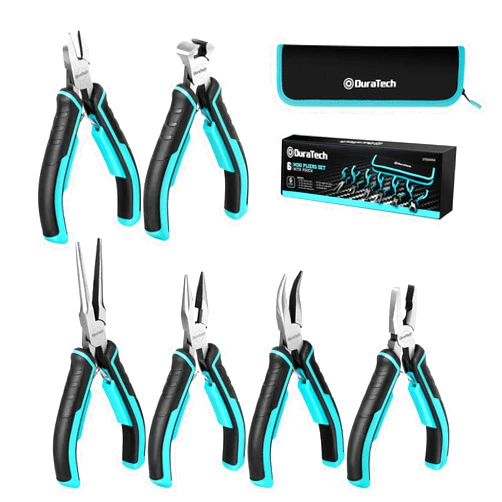 DURATECH Mini Pliers Set, 6PCS Jewelry Pliers Set, CRV Construction, Includes Needle Nose, Diagonal, Long Nose, Bent Nose, End Cutting and Linesman Pliers, for Making Crafts, Repairing Electronic