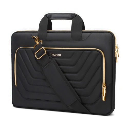 MOSISO Laptop Shoulder Bag,13-13.3 inch Computer Bag Compatible with MacBook Pro 14, HP, Dell, Lenovo, Asus Notebook,Messenger Briefcase with Front Inverted Trapezoid Quilted Pocket, Black