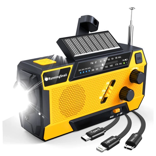 RunningSnail Emergency Crank Weather Radio: AM/FM/NOAA Weather Radio with 3 Built-in Cable - Hand Crank Radio with 2000mAh, Solar Charge, Hand Crank & Battery Operated, SOS Alarm, Flashlight for Outdoor Emergency
