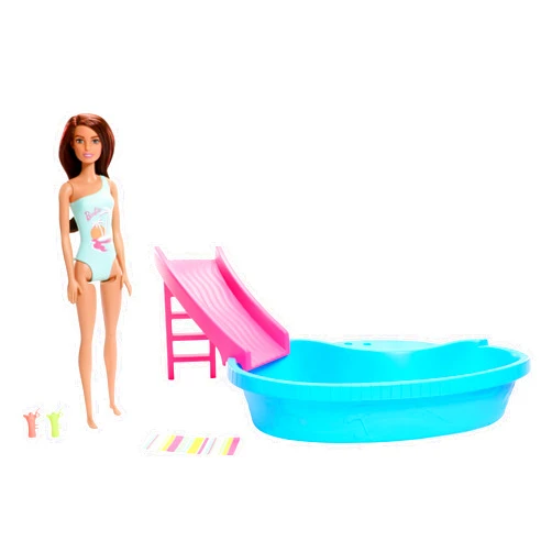 Barbie Doll & Pool Playset, Brunette in Seafoam Blue One-Piece Swimsuit with Pool, Slide, Towel & Drink Accessories