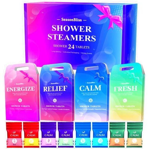 SeasonBliss Shower Steamers 24 Pack, Shower Tablets, Shower Steamers with Natural Ingredients, 8 Different Scents, Individually Wrapped Shower Steamers, Presents for Mom, Friends