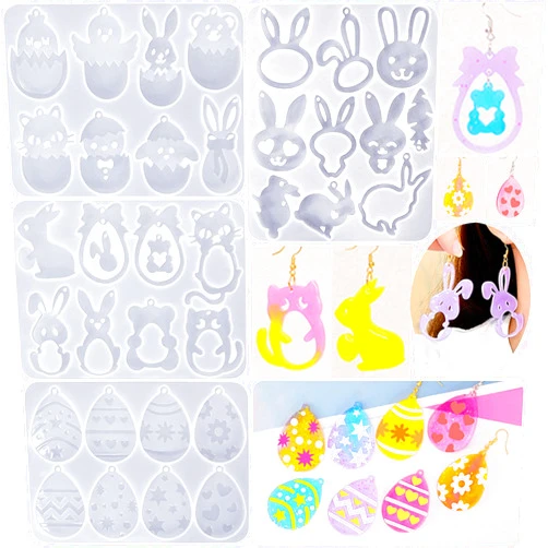 JHYlilia 4 Sets Easter Resin Molds Silicone, Easter Bunny Earring UV Molds Easter Egg Epoxy Resin Casting Mold with 300Pcs Earring Hook for Keychain Jewelry Pendant DIY Supplies (4 Pack Easter)