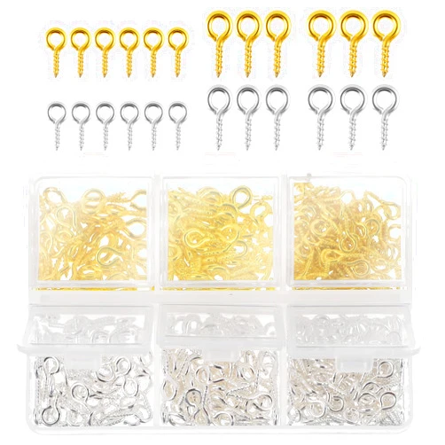 Salbsever 400pcs Eye Pins for Jewelry Making - Mini Metal Small Screw Pin Pendants, Charm Bead Supplies, Eyelets, Threaded Gold Silver Tone Clasps Hooks for Crafts