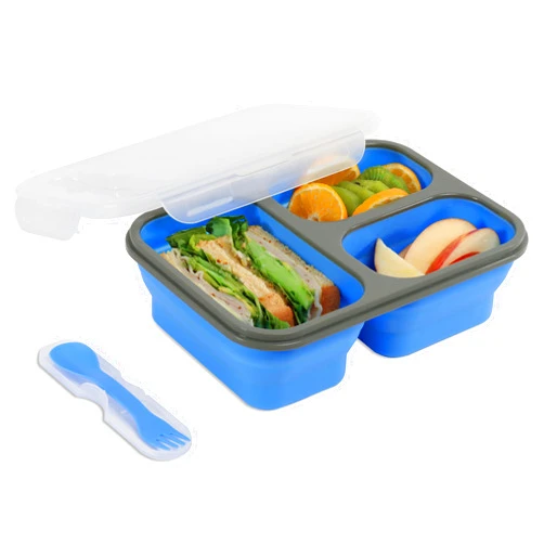Creekview Home Emporium Collapsible Food Container - Blue Bento Lunch Box with 3 Compartments and Silverware in Lid