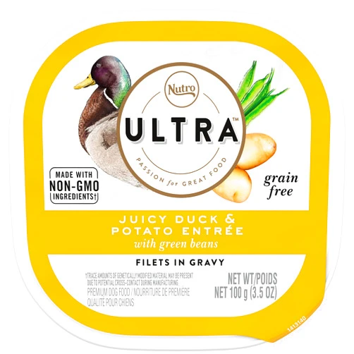 NUTRO ULTRA Grain Free Adult Soft Wet Dog Food Filets in Gravy Juicy Duck & Potato Entrée With Green Beans, 3.5 oz. Trays, Pack of 24