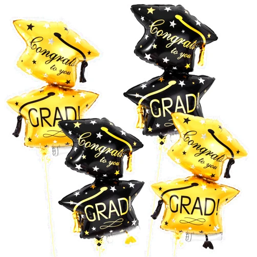 KatchOn, Black and Gold Graduation Hat Balloon - Big, 32 Inch, Pack of 4 | Congrats Grad Balloons | Graduation Balloons Class of 2025, Graduation Cap Balloon | Graduation Decorations Class of 2025