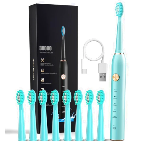 AJELU USB Rechargeable Sonic Electric Toothbrush for Adults Powered Motor Soft Dupont Brush Heads 2 Minutes Timer 5 Modes Teeth Whitening, Green