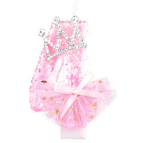 LUTER Birthday Number Candles, 2.95 Inch Crown Bow Mesh Candle Glitter Pink Number Candles Cake Topper Birthday Candles with Sequins for Anniversary Celebrations Supplies (Number 4)