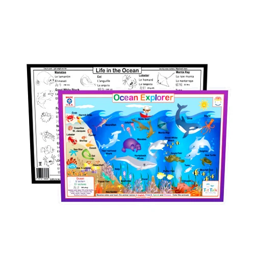 Tot Talk Learn Sea Creatures Names in English, Spanish, Chinese, & French– Ocean Kids' Educational Placemat – Made in USA - Color in Animals on Reverse Side – Waterproof, Washable – By Tot Talk – 11.5” x 17.5”