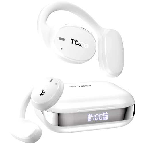 TOZO OpenEgo True Wireless Open Ear Headphone, 5.3 Bluetooth Sport Earbuds with Earhooks for 80H Playback with Digital Display, 32 EQ Modes Dual Mic Clear Call Sweat-Proof for Running Workout White