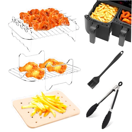 HELLO.HELEN Dual Basket Air Fryer Accessories for Ninja DZ201 Foodi & Other 8QT-10QT 2-Basket DualZone Air Fryers, Come with Air Fryer Rack Set, 100Pcs Paper Liners, Silicone Brush & Tongs