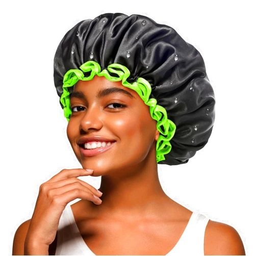 mikimini Black Shower Cap for Women, Men & Girls, 2 Packs Reusable Double Layers Waterproof Bathing Shower Hat with Soft Comfortable PEVA Lining, non-fading, Stretchy Shower Cap
