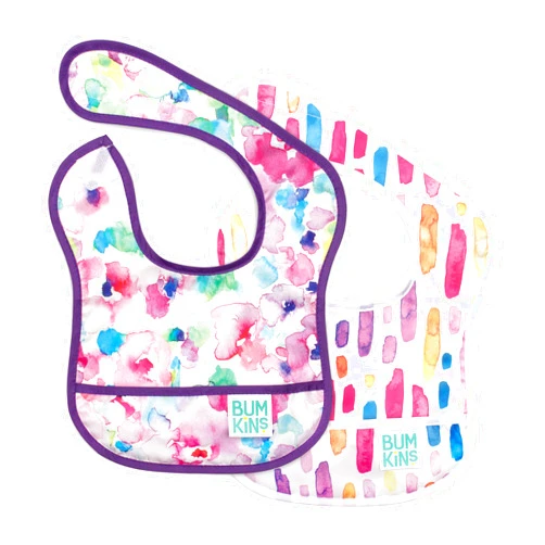Bumkins Bibs, for Baby Girl or Boy, Infant 3-9 Months, Essential Must Have for Eating, Feeding, Baby Led Weaning, Mess Saving Waterproof Soft Fabric, Starter Bib 2-pk Watercolors and Brushstrokes