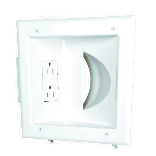DATA COMM Electronic 45-0031-WH Recessed Low Voltage Media Wall Plate w/ Built-In Duplex Receptacle Outlet, Cable Management - Elevate Your Home Entertainment w/ Stylish White Panel
