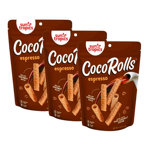 Sun Tropics Non-GMO Rolled Coconut Wafer Rolls 4oz (Espresso) Pack of 3