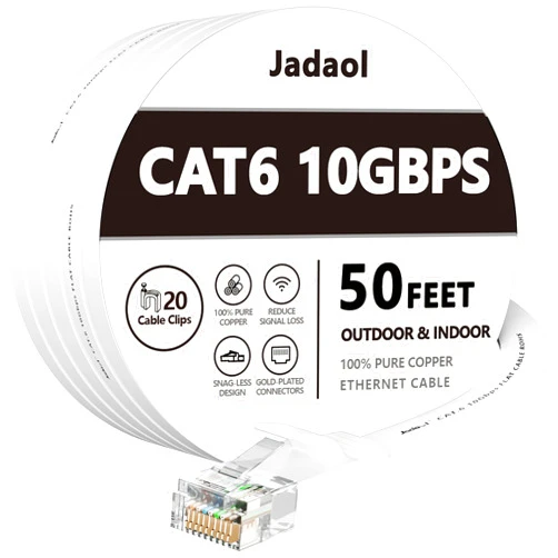 Jadaol Cat 6 Ethernet Cable 50 ft, Outdoor&Indoor 10Gbps Support Cat8 Cat7 Network, Flat Fast Speed RJ45 Internet LAN Computer Solid Patch Cord with Clips for Router, Modem, PS4/5, Xbox, Gaming, White