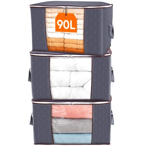 Lifewit 90L Large Storage Bags, Closet Organizers and Storage, Clothes Storage Bins with Lids, Foldable Storage Containers with Reinforced Handles for Clothing, Blanket, Bedding, Comforter 3 Pack Gray