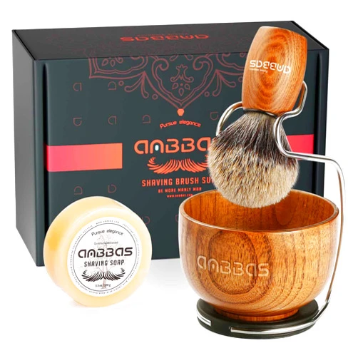 Anbbas 4in1 Shaving Set, Pure Badger Hair Shaving Brush Wood Handle and Large Soap Bowl,Stainless Steel Shaving Stand with 3.5 oz Natural Shaving Soap Puck Refill for Men