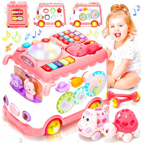AmiDear Baby Gift for 1-2 Year Old Girl, 10-in-1 Montessori Toys Bus for Baby 6-12-18 Months+, Educational Musical Sensory Learning Toddler Toys Age 1-2, First Christmas and Birthday Gifts Pink