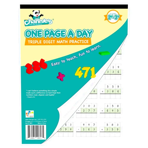 Channie's One Page A Day Math Workbook, Triple Digit Math Practice Worksheets, 50 Pages Front and Back, 25 Sheets, Grades 2nd and 3rd, Addition and Subtraction workbook , Size 8.5” x 11”