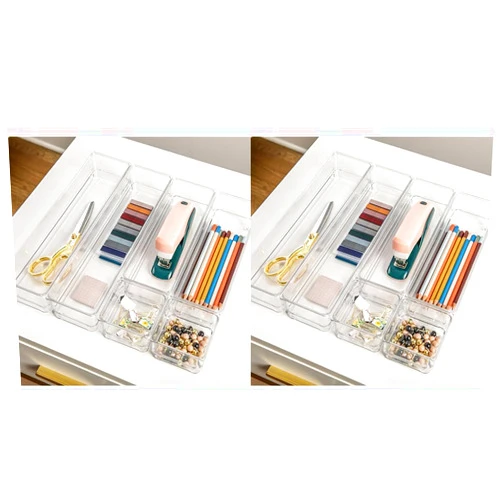 Martha Stewart Miles Plastic Stackable Office Desk Drawer Organizers, Set of 6, Clear (Pack of 2)