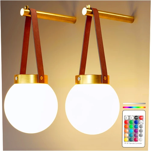 G-SAFAVA Battery Operated Wall Sconces Set of 2, Gold Wall Lamps for Bedroom with Remote Control Warm/Natural/Daylight/RGB 15 Colors Dimmable Rechargeable Wireless Globe Wall Lights Retro Living Room Hallway