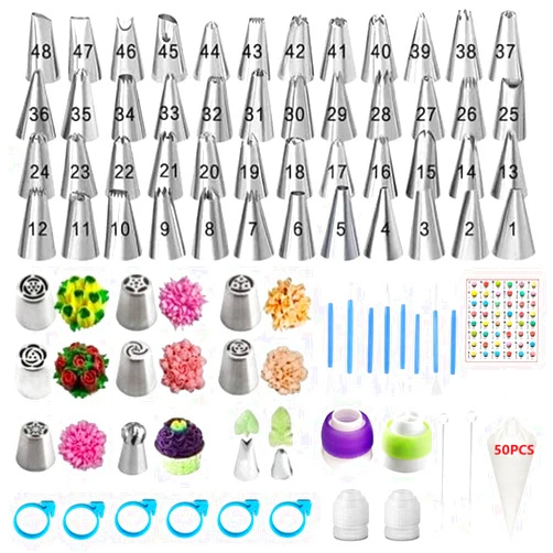 YOQXHY 130 Pcs Piping Bags and Tips Set with 48 Numbered Icing Tips,7 Russian Tips,1 Ball Tip,2 Leaf Tips,Pattern Chart,8 Carved Pens,4 Couplers,6 Ties,50 Disposable Pastry Bags for Cake Decorating