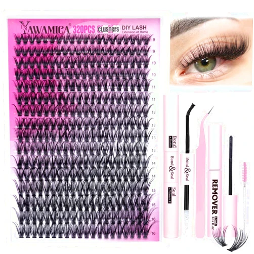 Yawamica Eyelash Extension Kit 320pcs Lash Clusters D Curl 9-16mm Mix 40D Individual Lashes with Lash Bond and Seal and Remover Lash Applicator for Lash Extension Beginners