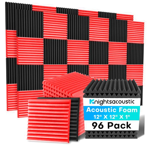 Knightsacoustic 96 Pack Sound Proof Foam Panels for Walls, 1 X 12 X 12 Inches Acoustic Foam Panels, High Density Acoustic Panels Sound Absorbing, Noise Cancelling Studio Wedges Red + Black (NOT INCLUDE ADHESIVE)