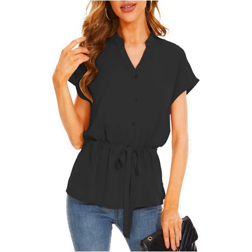 YASHIGE Womens Short Sleeve Tunic Tops Dressy Casual V Neck Button Down Shirt Chiffon Work Blouse with Tie Waist…