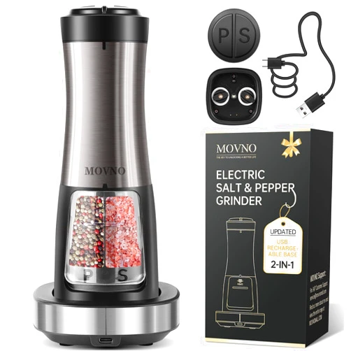 MOVNO 2 in 1 Rechargeable Electric Salt and Pepper Grinder Set with Charging Base, No Need Battery Automatic Salt and Pepper Grinder, One-Handed Operation, Adjustable Ceramic Grinder with LED Light